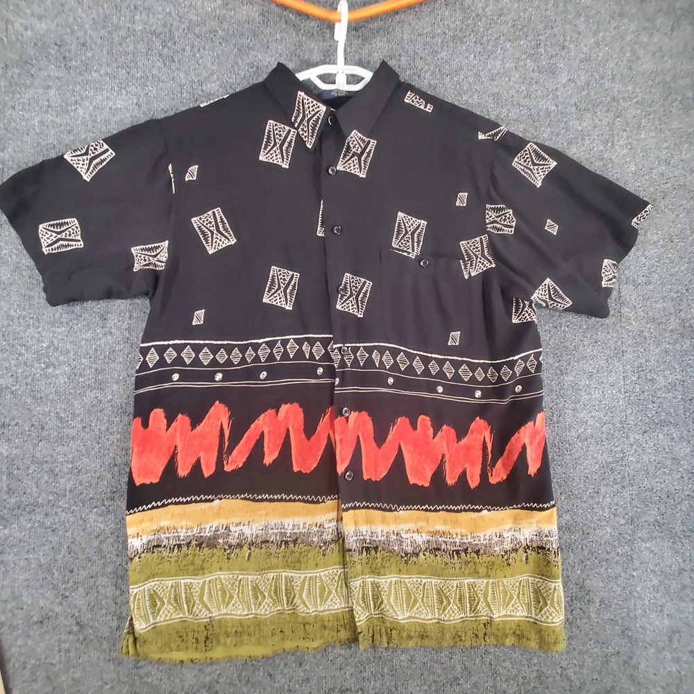 Marc Edwards Shirt Men XXL Black Geometric Tribal Rayon Button Down Short Sleeve
